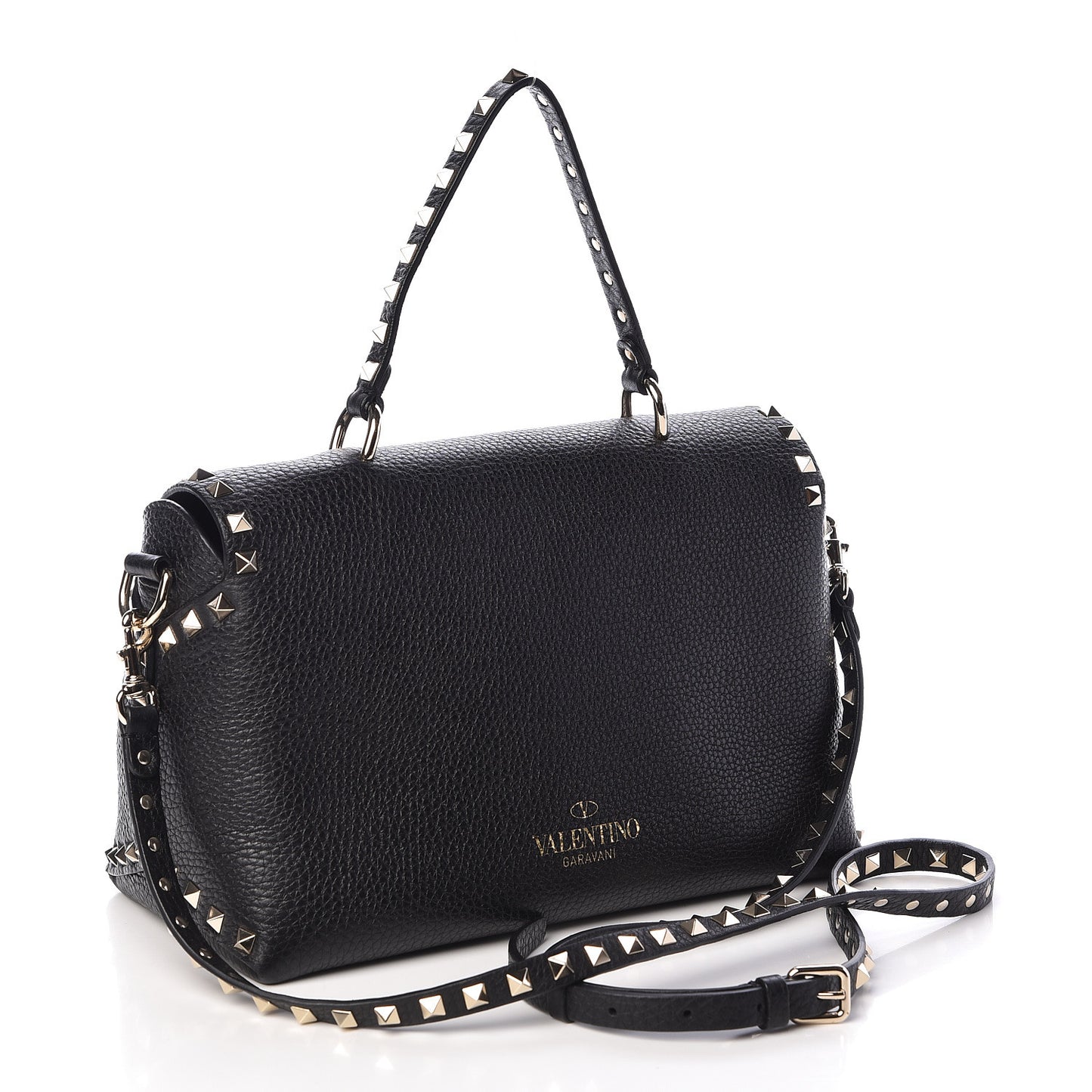 Pebbled Calfskin Rockstud Single Handle Flap Bag Black