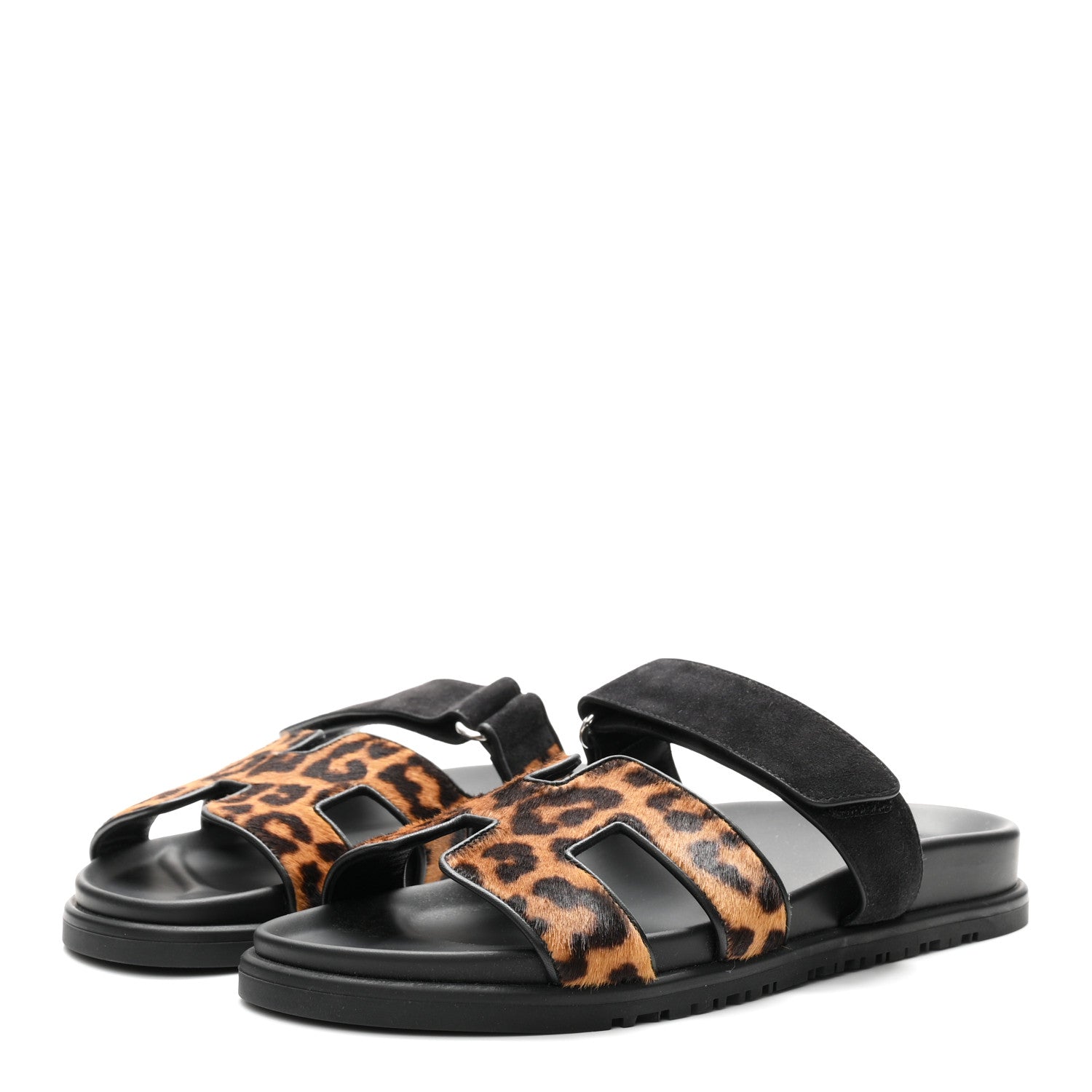 Hermes Moire Calfskin Suede Goatskin Womens Leopard Chypre Sandals 38 Gold Black 4 of 9