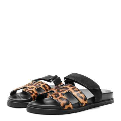 Hermes Moire Calfskin Suede Goatskin Womens Leopard Chypre Sandals 38 Gold Black 4 of 9