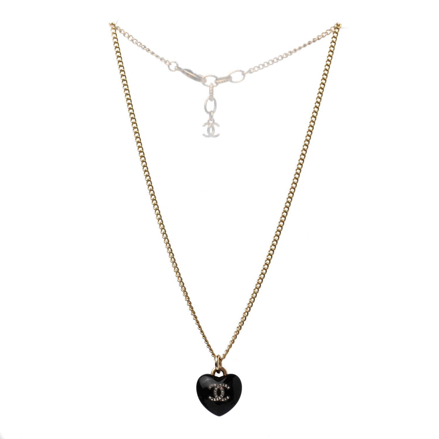 Chanel Resin Crystal CC Heart Necklace Black Gold 3 of 5