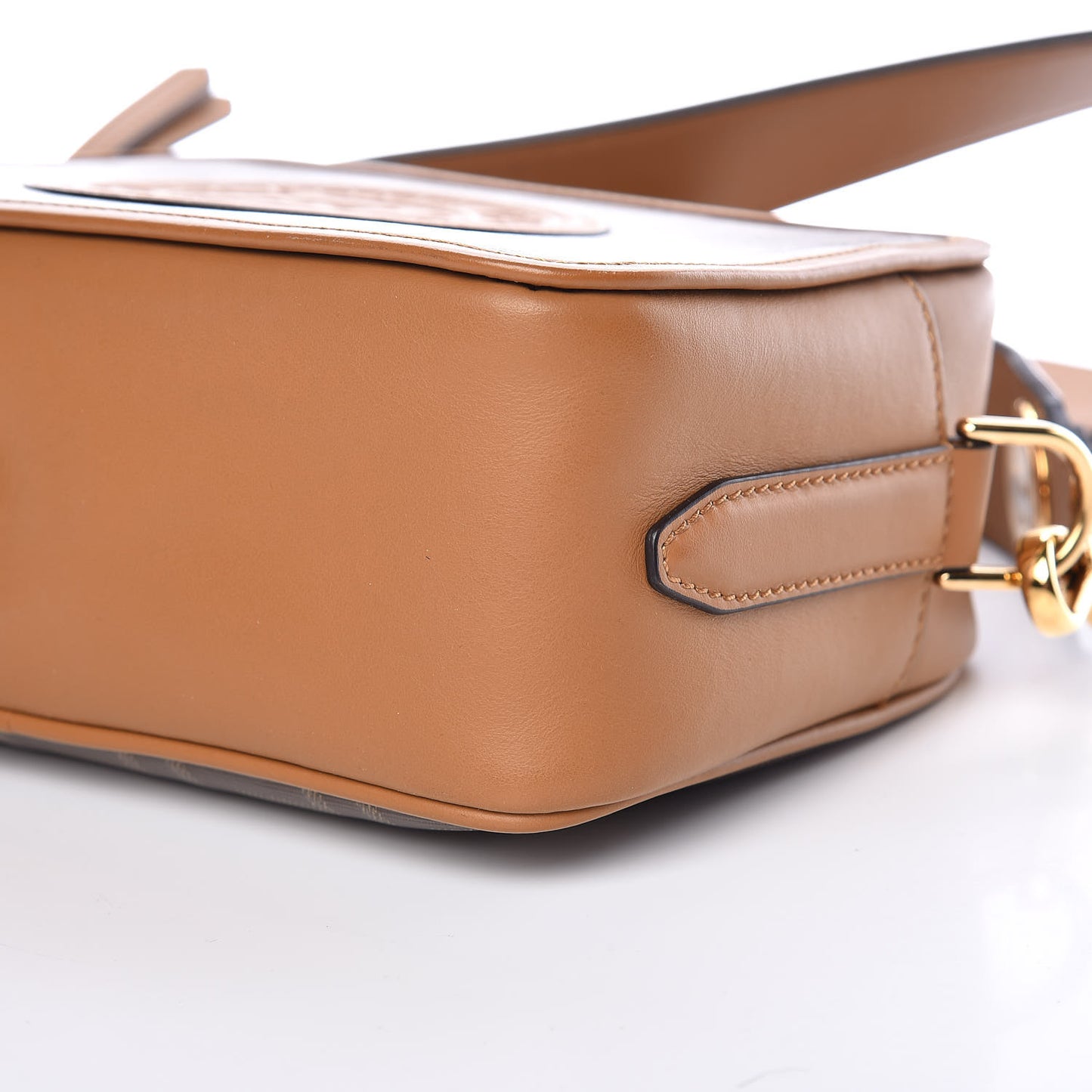 Glazed Fabric Vitello Century F is Fendi FF 1974 Stamp Patch Camera Case Mogano Panna Caramello