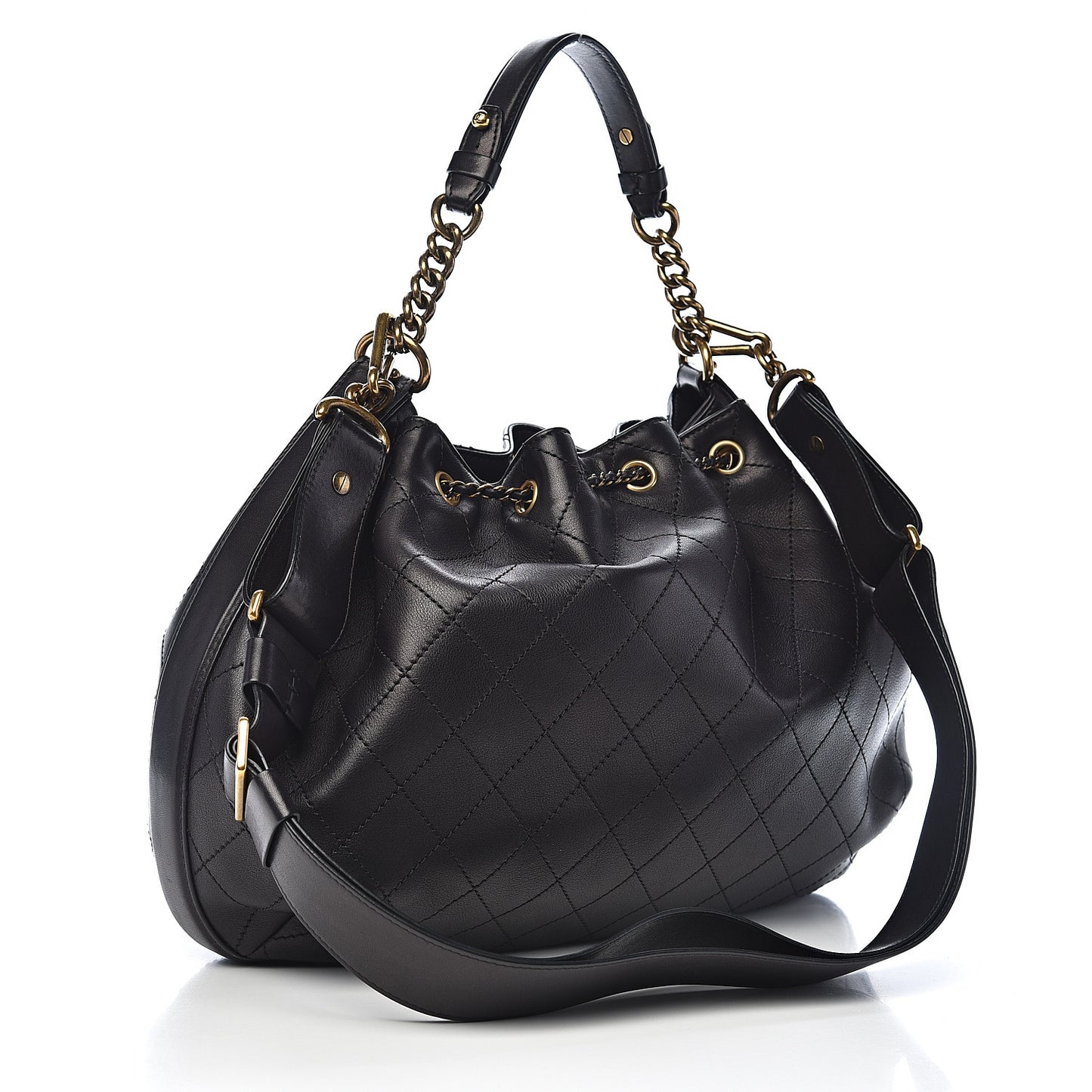 Calfskin Stitched Medium Drawstring CC Bag Black