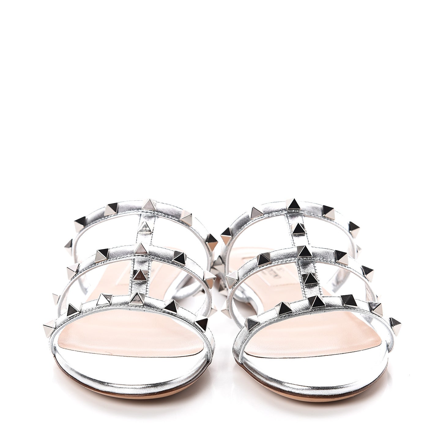 Metallic Nappa Rockstud Caged Flat Slide Sandals 35 Silver