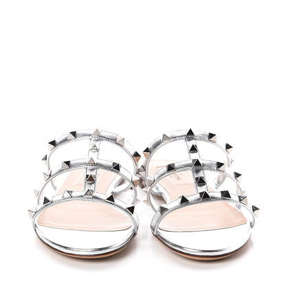 Valentino Garavani Metallic Nappa Rockstud Caged Flat Slide Sandals 35 Silver 2 of 7