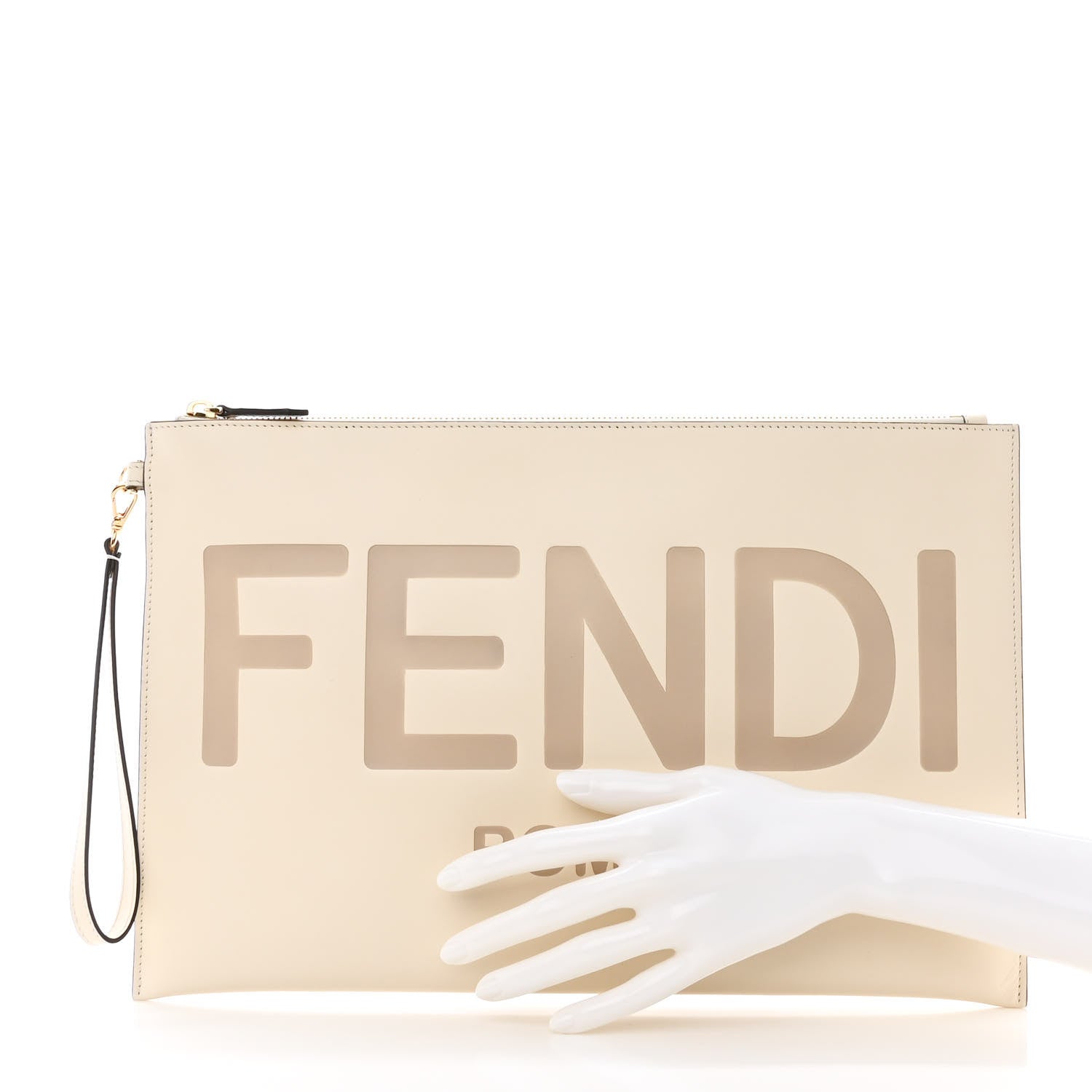 Fendi Vitello King Logo Embossed Large Flat Pouch White Ice 2 of 11