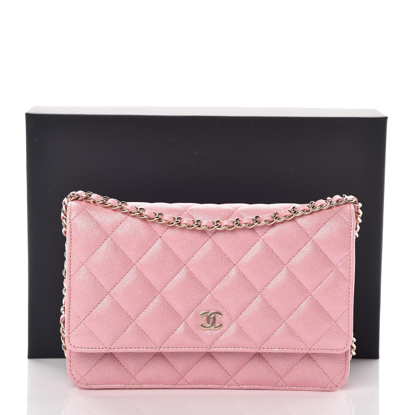 Iridescent Caviar Quilted Wallet on Chain WOC Rose Pink