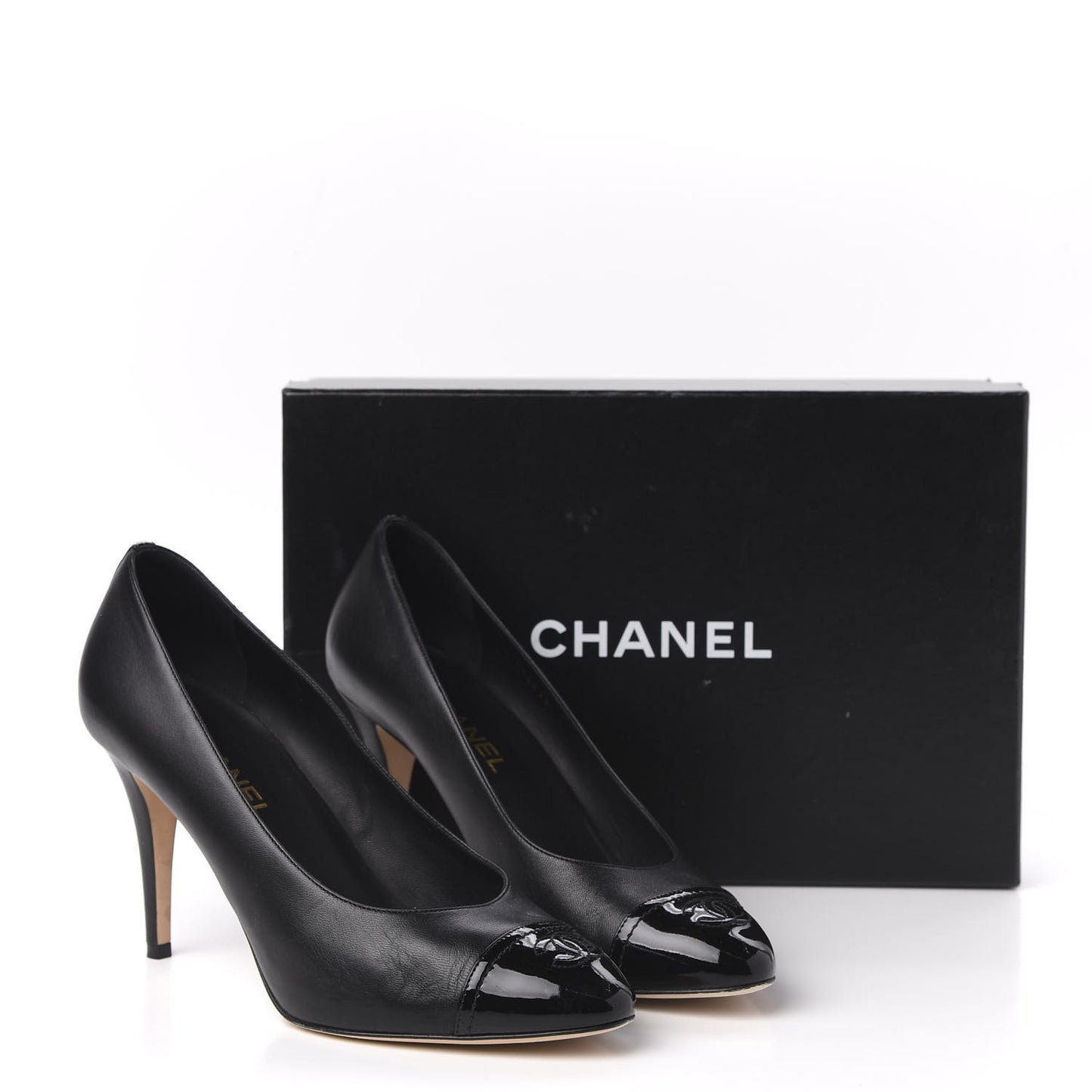 Lambskin Calfskin Patent Cap Toe CC Pumps 41 Black