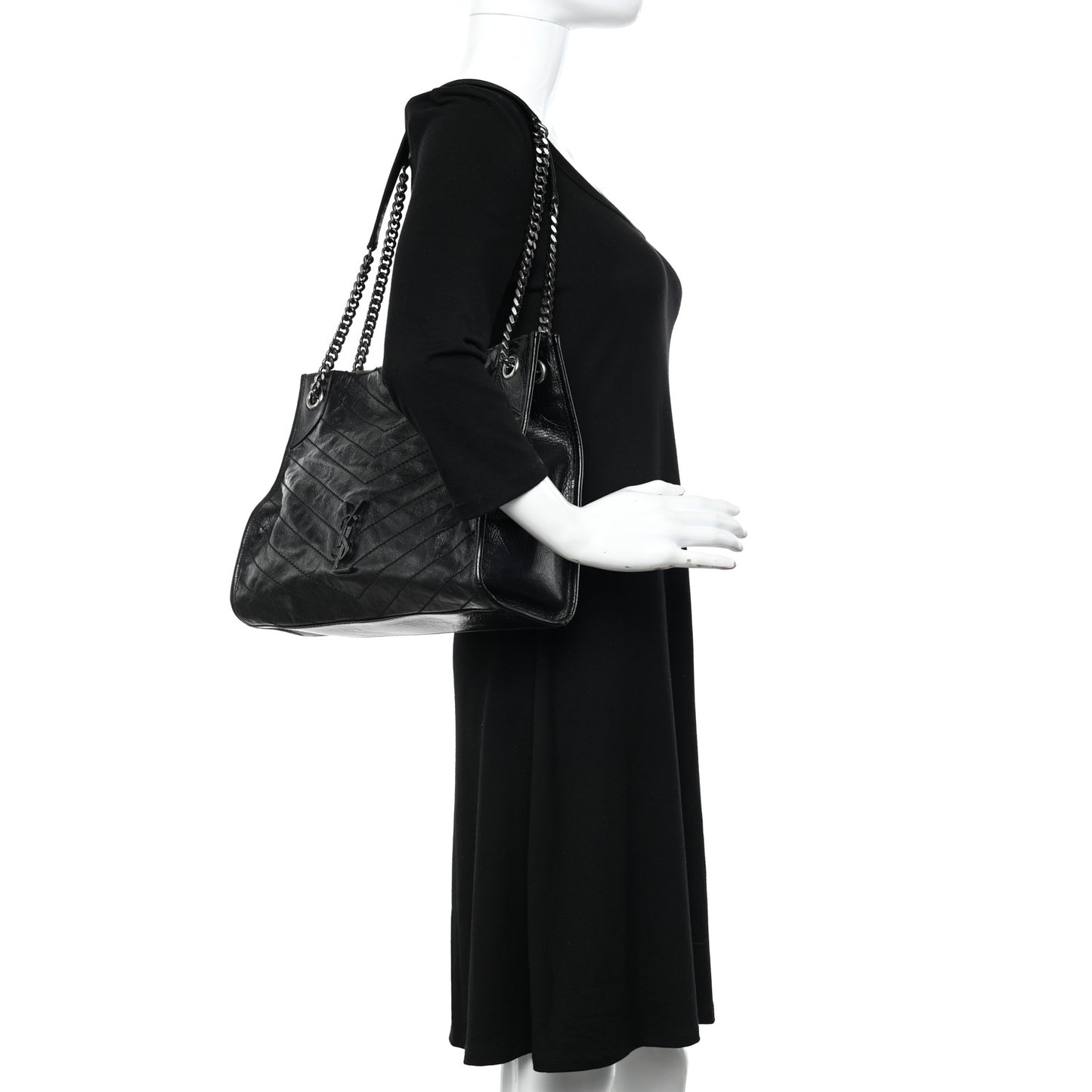 Crinkled Calfskin Matelasse Monogram Medium Niki Shopper Tote Black