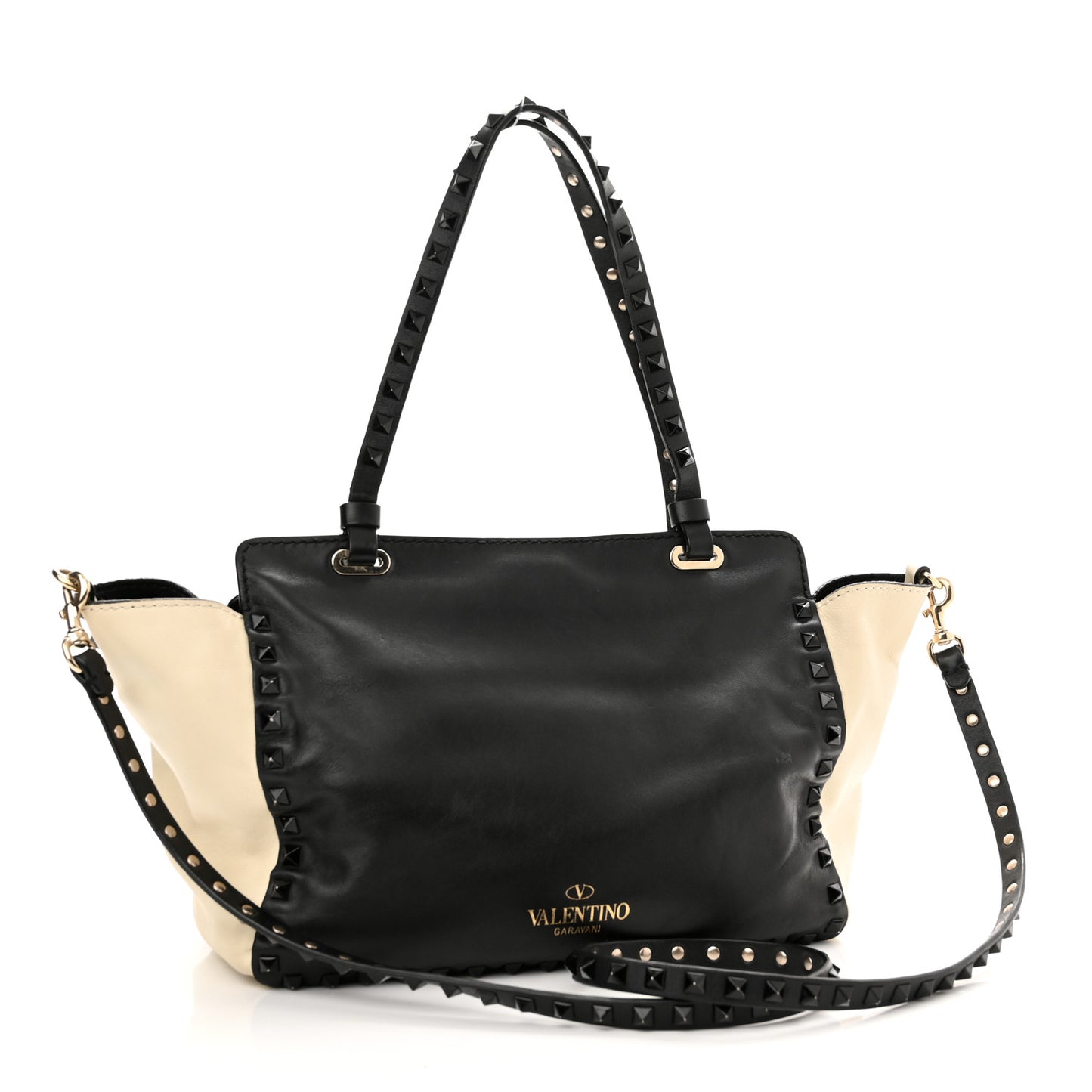 Vitello Monochrome Small Rockstud Tote Black Light Ivory