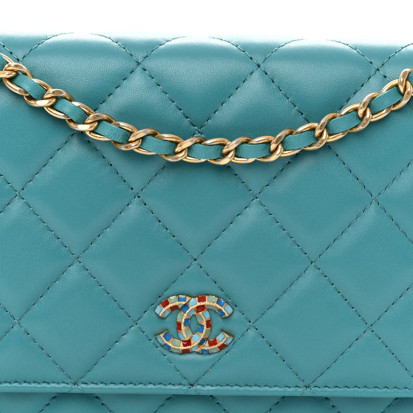 Lambskin Gripoix Quilted Wallet On Chain WOC Turquoise