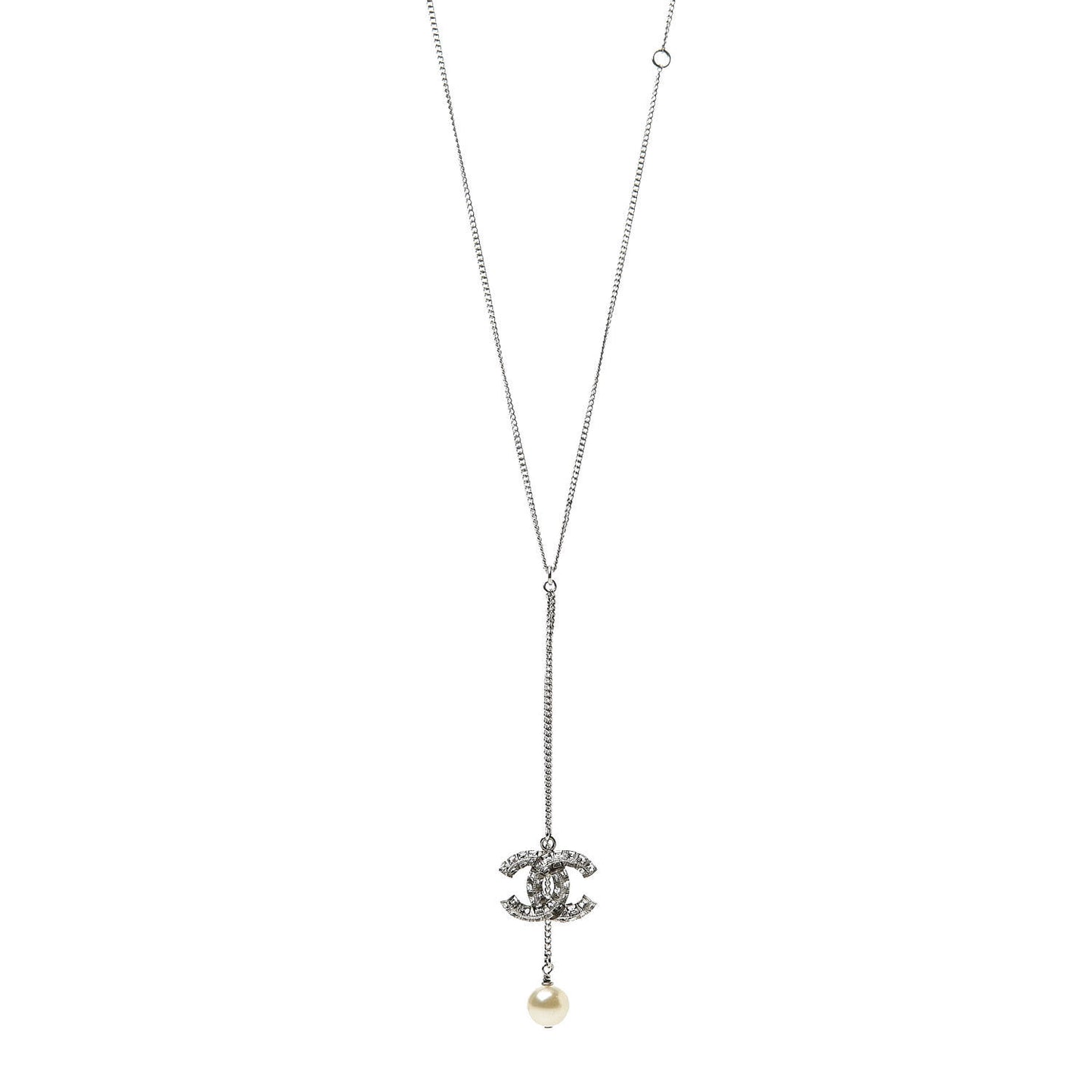Baguette Crystal Pearl CC Lariat Necklace Silver