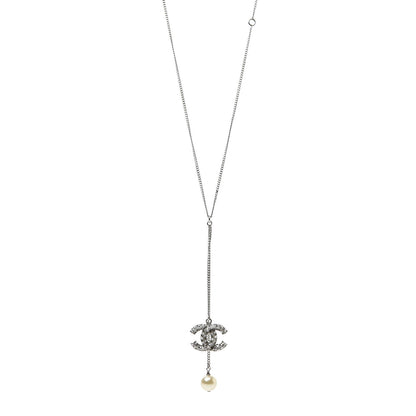 Chanel Baguette Crystal Pearl CC Lariat Necklace Silver 1 of 6