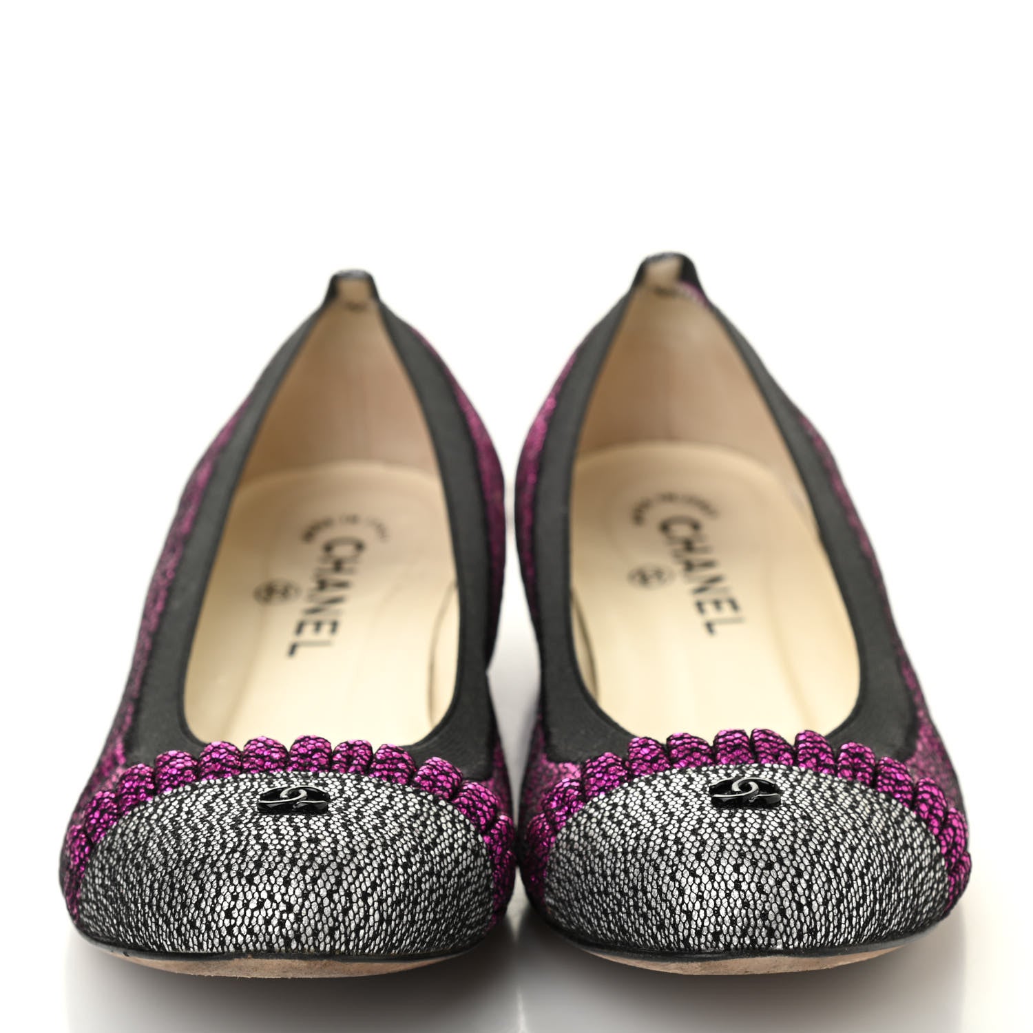 Chanel Metallic Lace Cap Toe Ballerina Flats 37.5 Fuchsia 2 of 8
