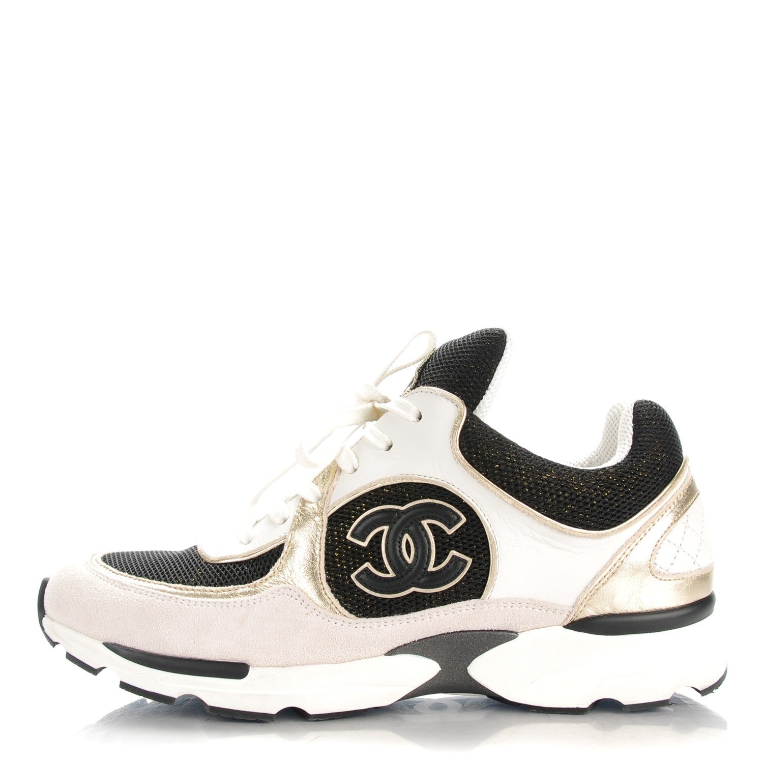 Chanel Suede Calfskin CC Sneakers 39 Black White Gold 1 of 9