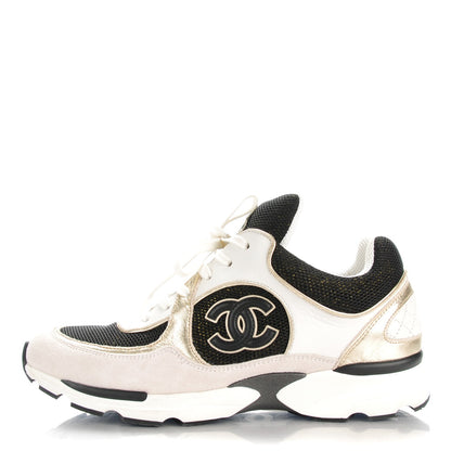 Chanel Suede Calfskin CC Sneakers 39 Black White Gold 1 of 9