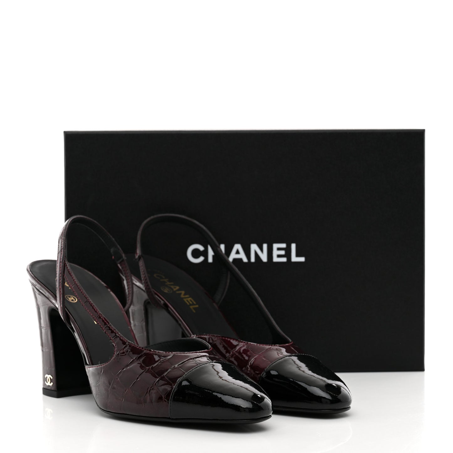 Patent Calfskin Crocodile Embossed Cap Toe CC Slingback Pumps 41 Dark Burgundy Black