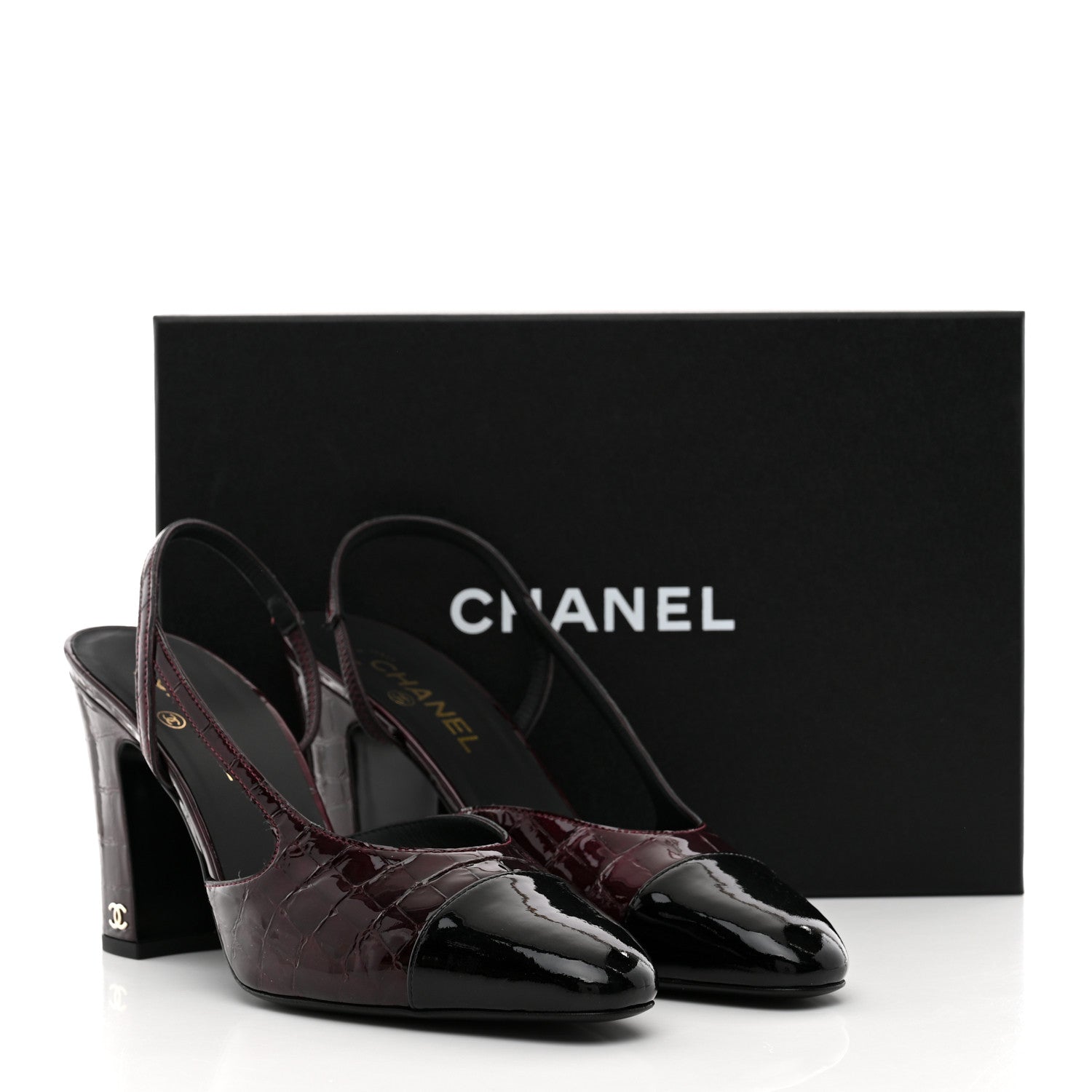 Chanel Patent Calfskin Crocodile Embossed Cap Toe CC Slingback Pumps 41 Dark Burgundy Black 10 of 10
