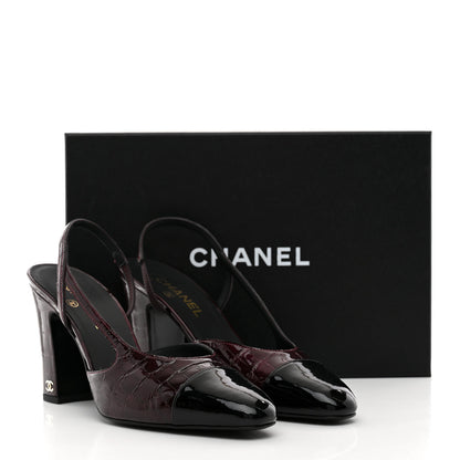 Chanel Patent Calfskin Crocodile Embossed Cap Toe CC Slingback Pumps 41 Dark Burgundy Black 10 of 10