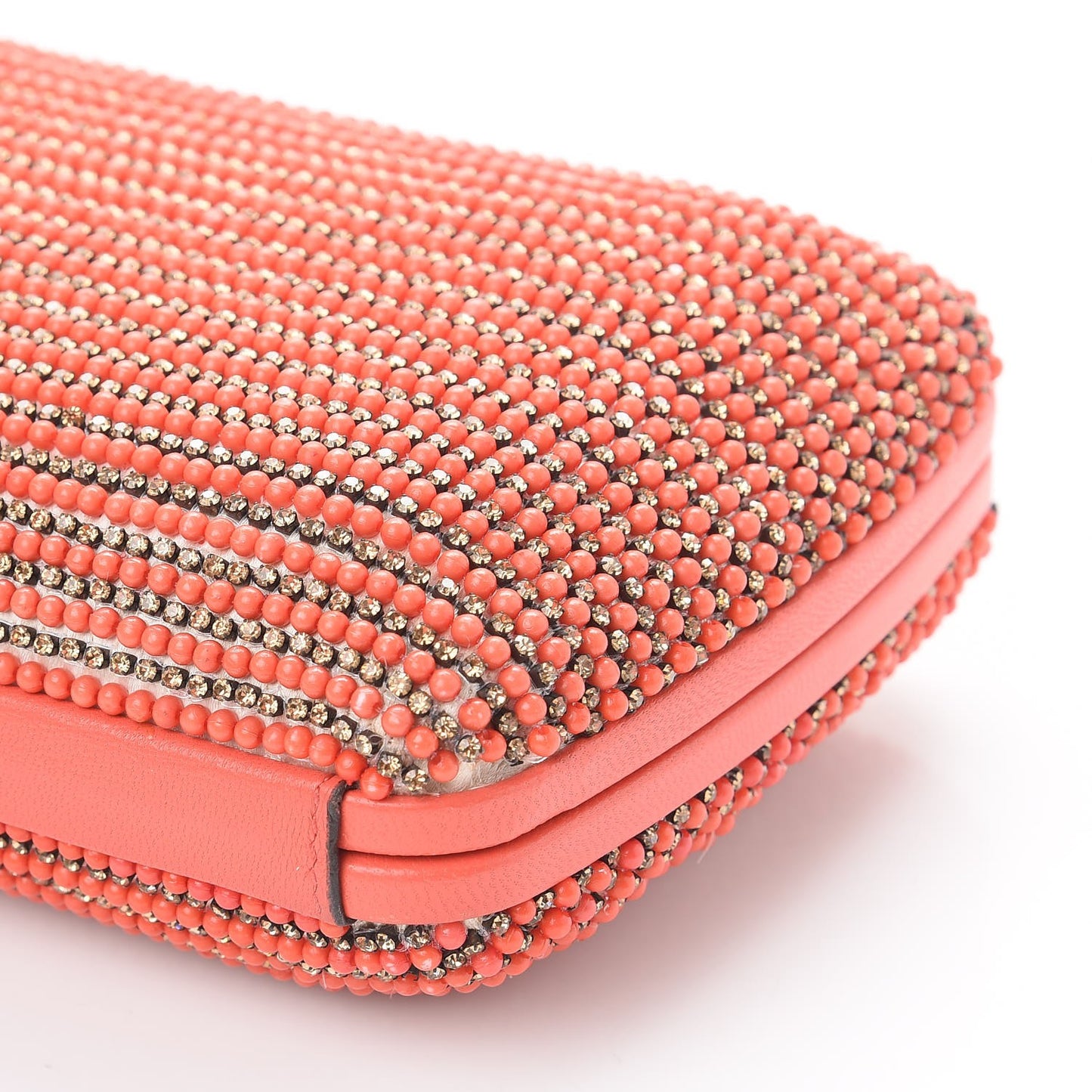 Lambskin Crystal Beaded Broadway Box Clutch Coral