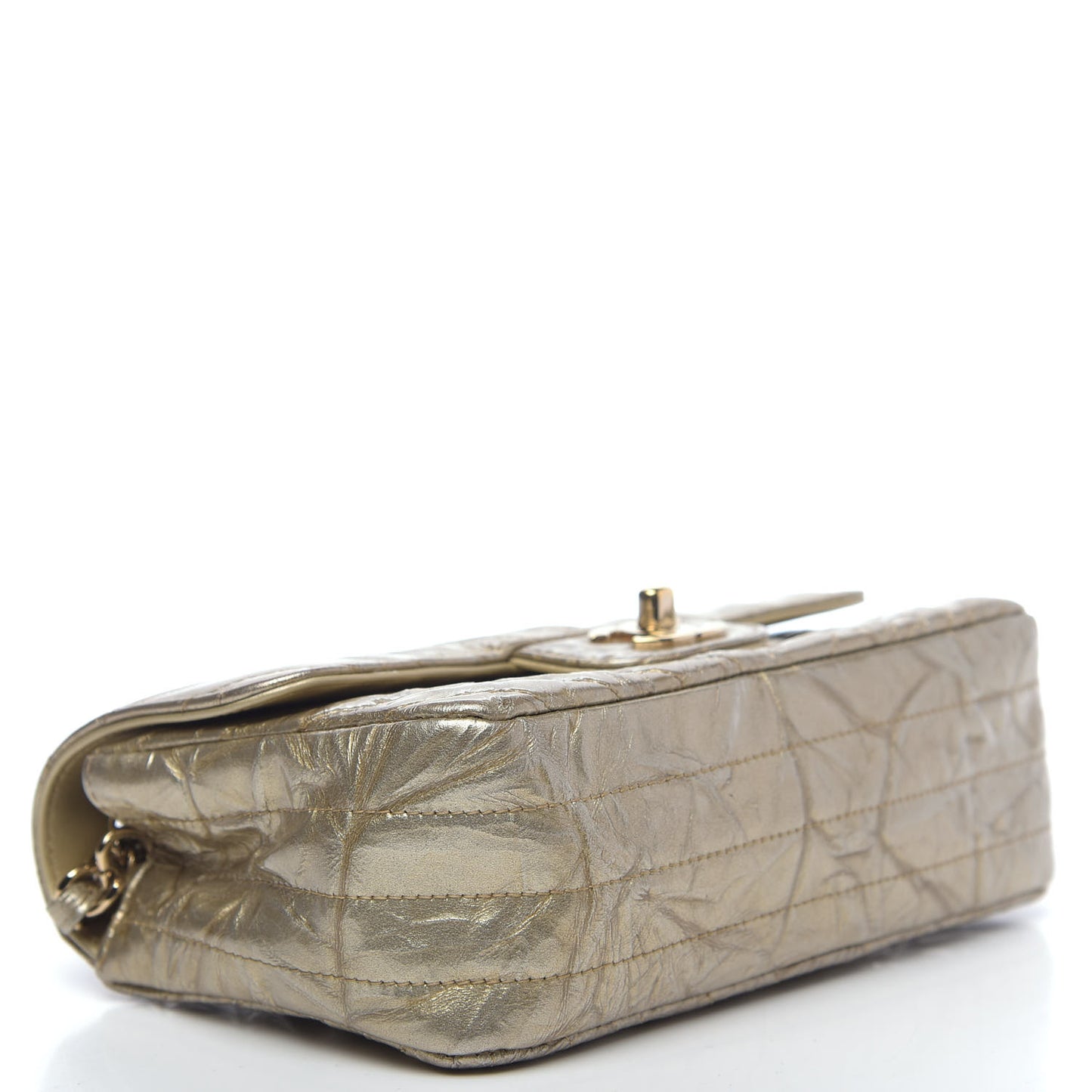 Patent Metallic Crumpled Calfskin Chevron Quilted Mini Rectangular Flap Gold
