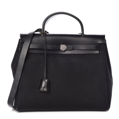 Hermes Toile Vache Calfskin Herbag 30 PM Black Natural 1 of 29