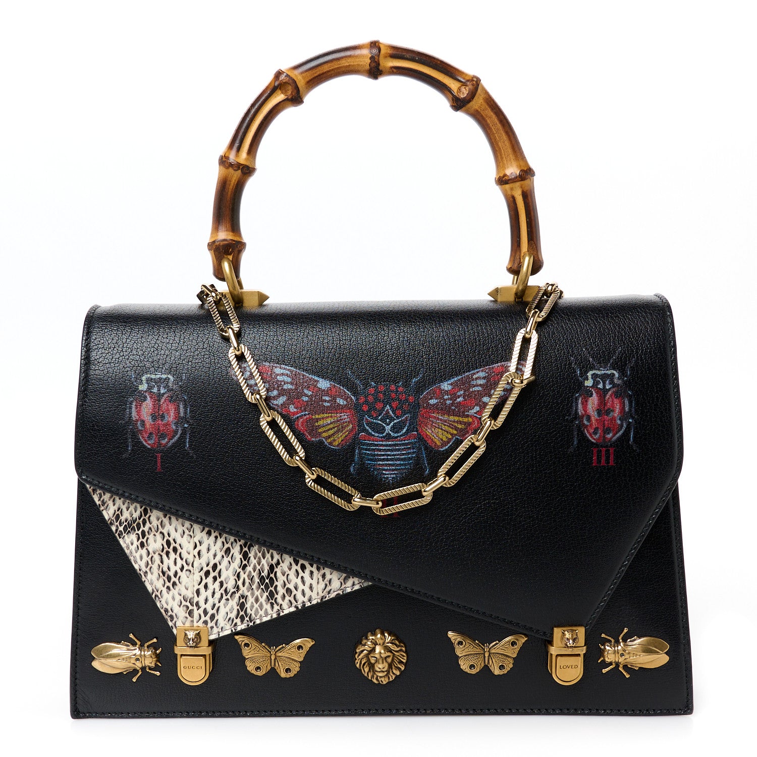 Gucci Calfskin Snakeskin Studded Medium Ottilia Top Handle Bag Black 1 of 11