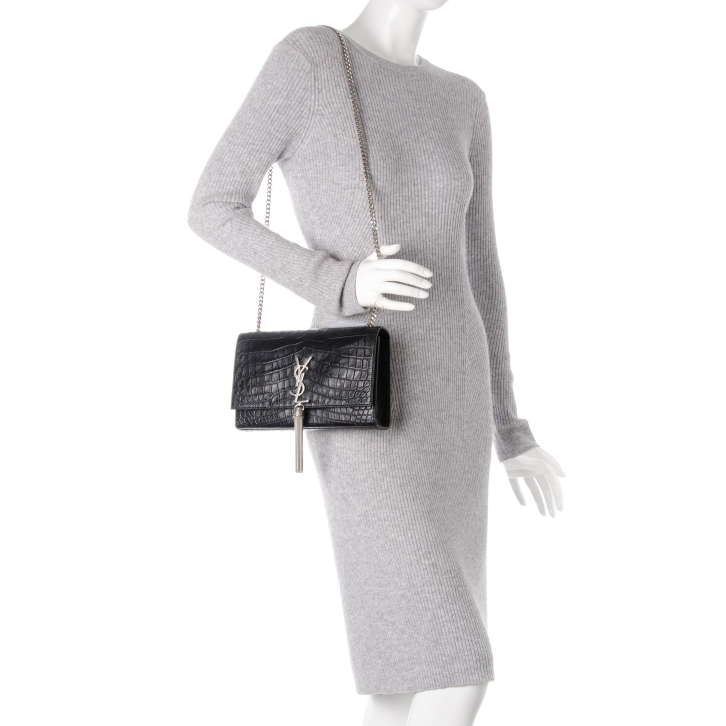Calfskin Crocodile Embossed Medium Classic Monogram Kate Tassel Satchel Black