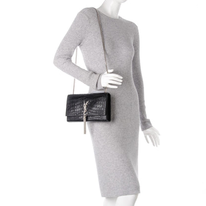 Saint Laurent Calfskin Crocodile Embossed Medium Classic Monogram Kate Tassel Satchel Black 2 of 7