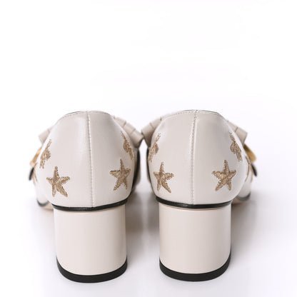 Gucci Quentin Goatskin Bee Star Embroidered GG Marmont Fringe 50mm Loafer Pumps 35 Mystic White 6 of 10