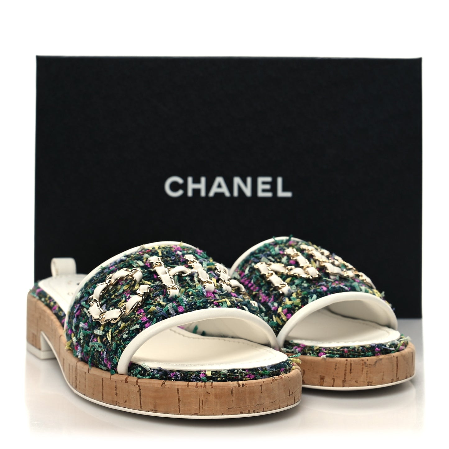 Tweed Cork Mule Sandal 37 White Multicolor