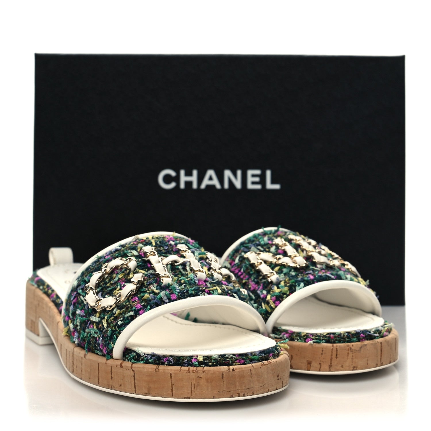 Chanel Tweed Cork Mule Sandal 37 White Multicolor 9 of 9