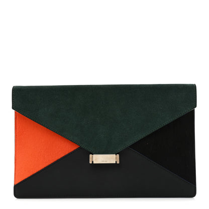 Celine Calfskin Suede Pony Hair Tri-Color Diamond Clutch Green 1 of 13