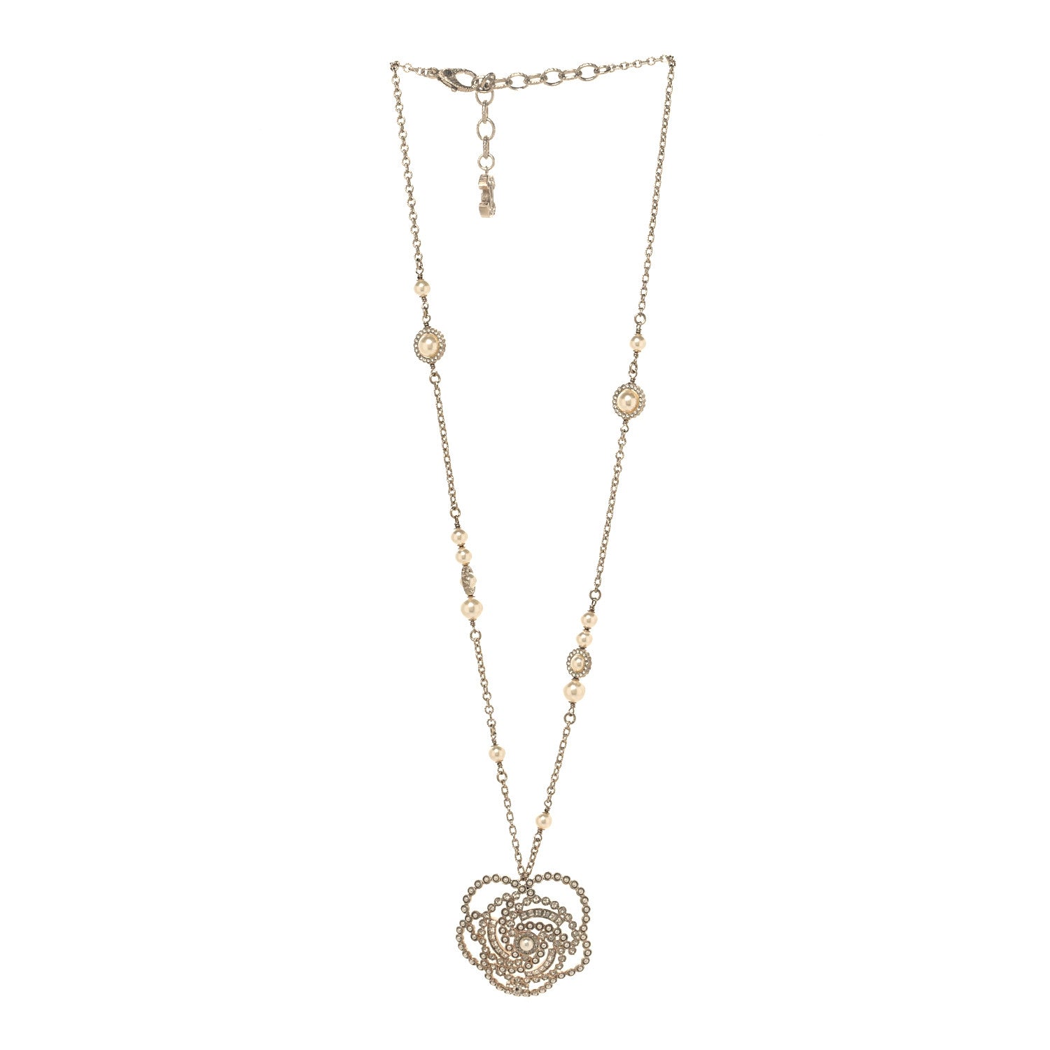 Chanel Pearl Crystal Lace Camellia Necklace Gold 3 of 5