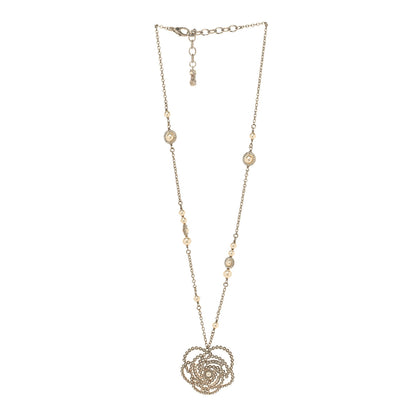 Chanel Pearl Crystal Lace Camellia Necklace Gold 3 of 5