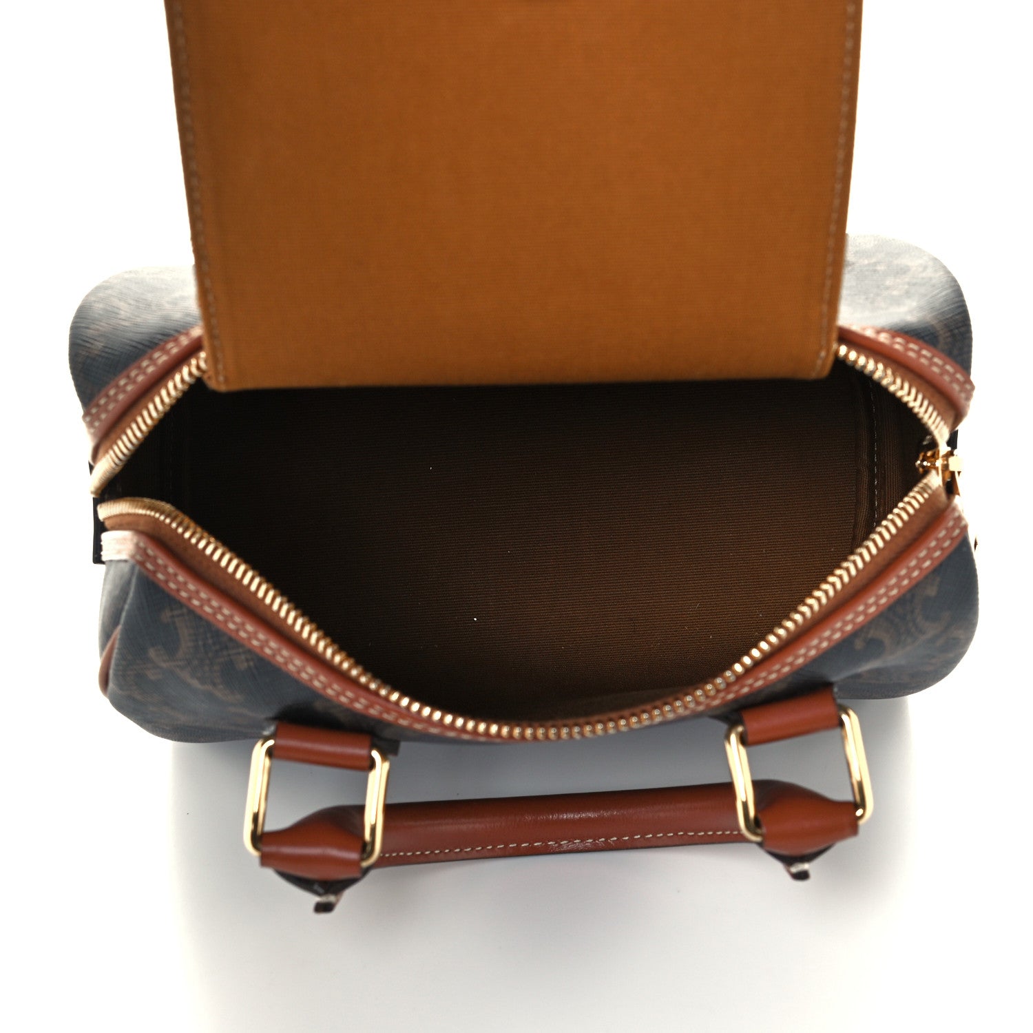 Celine Triomphe Canvas Calfskin Small Boston Bag Tan 5 of 11