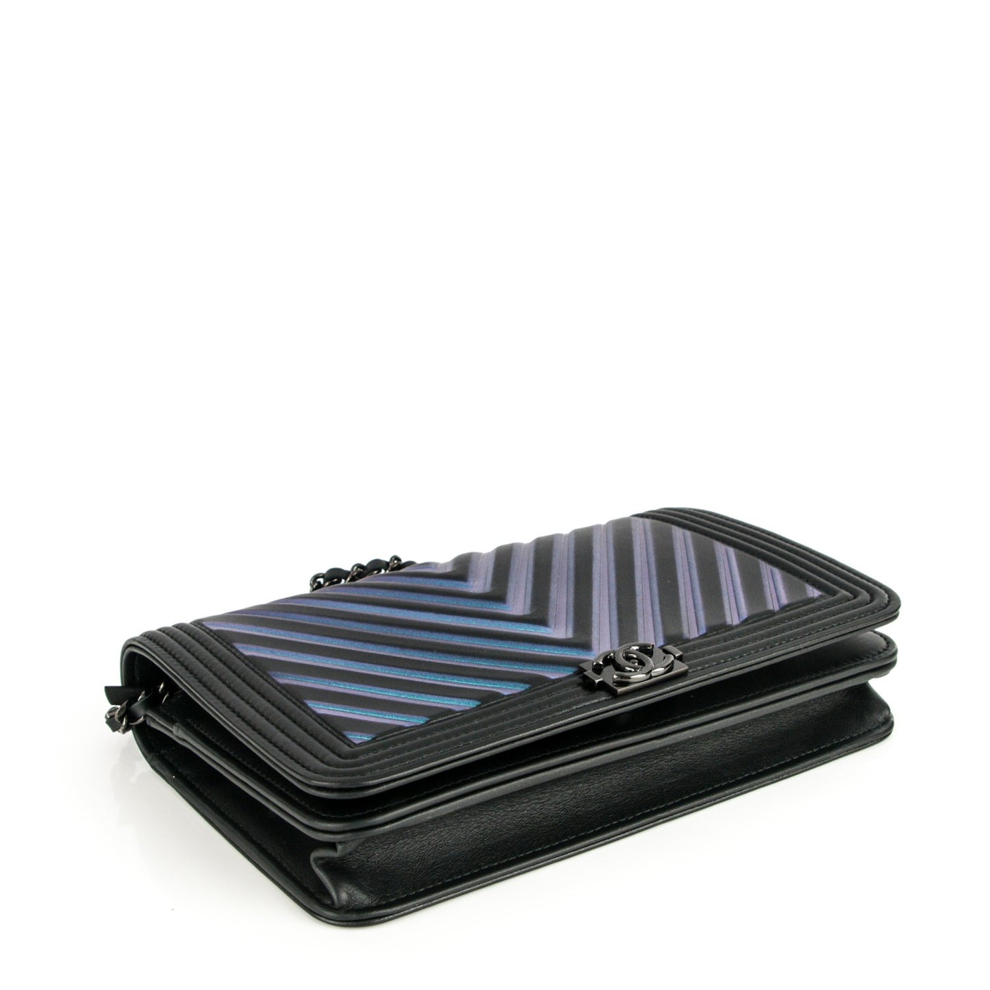 Calfskin Painted Chevron Embossed Boy Wallet On Chain WOC Black