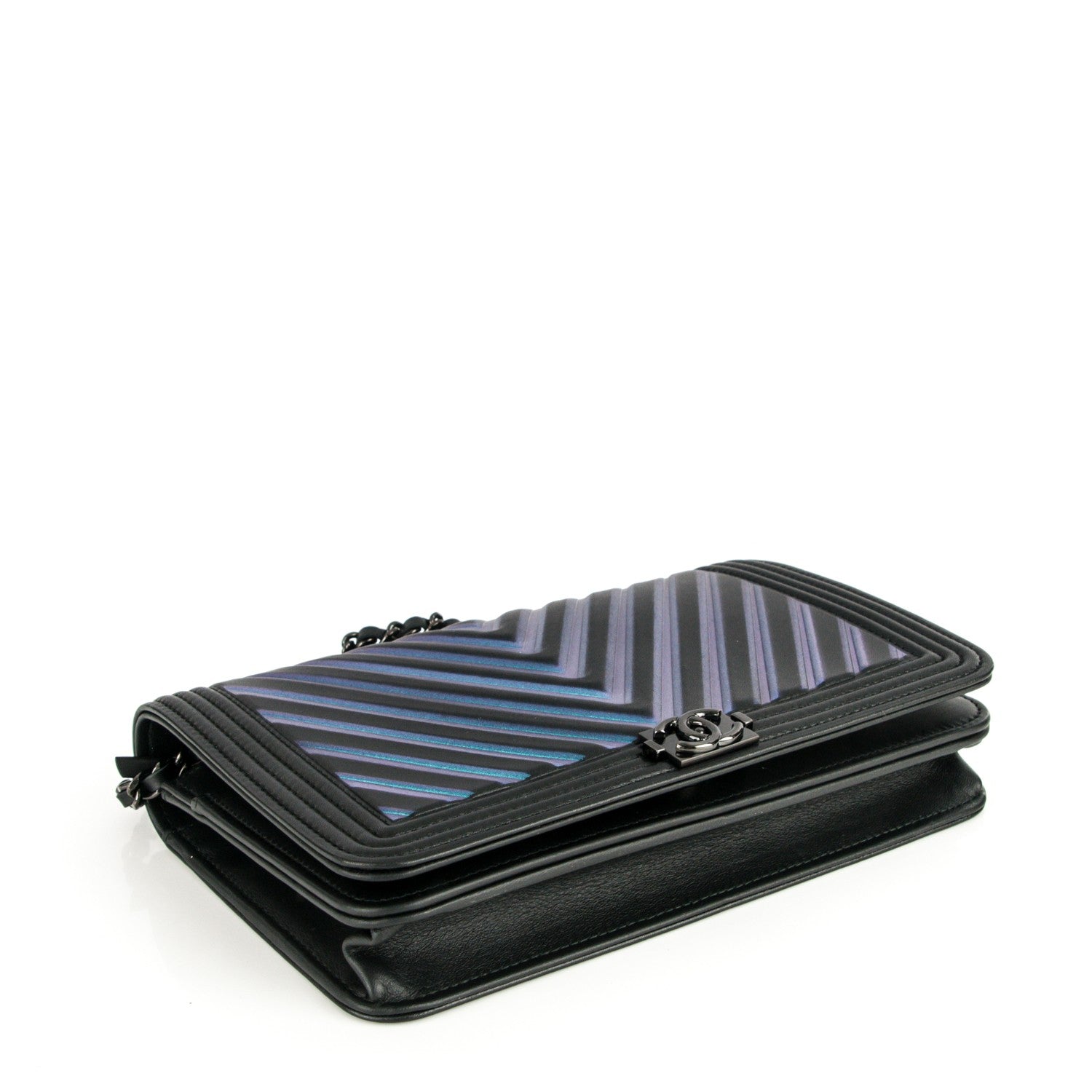 Chanel Calfskin Painted Chevron Embossed Boy Wallet On Chain WOC Black 4 of 8