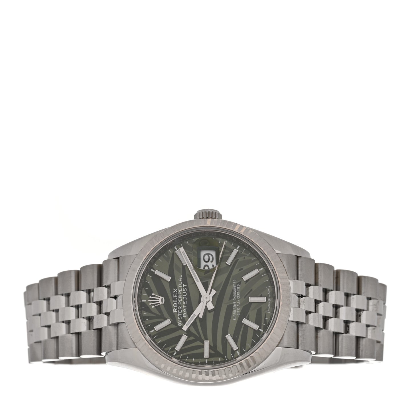 Stainless Steel 18K White Gold 36mm Oyster Perpetual Datejust Watch Olive Green Palm 126234