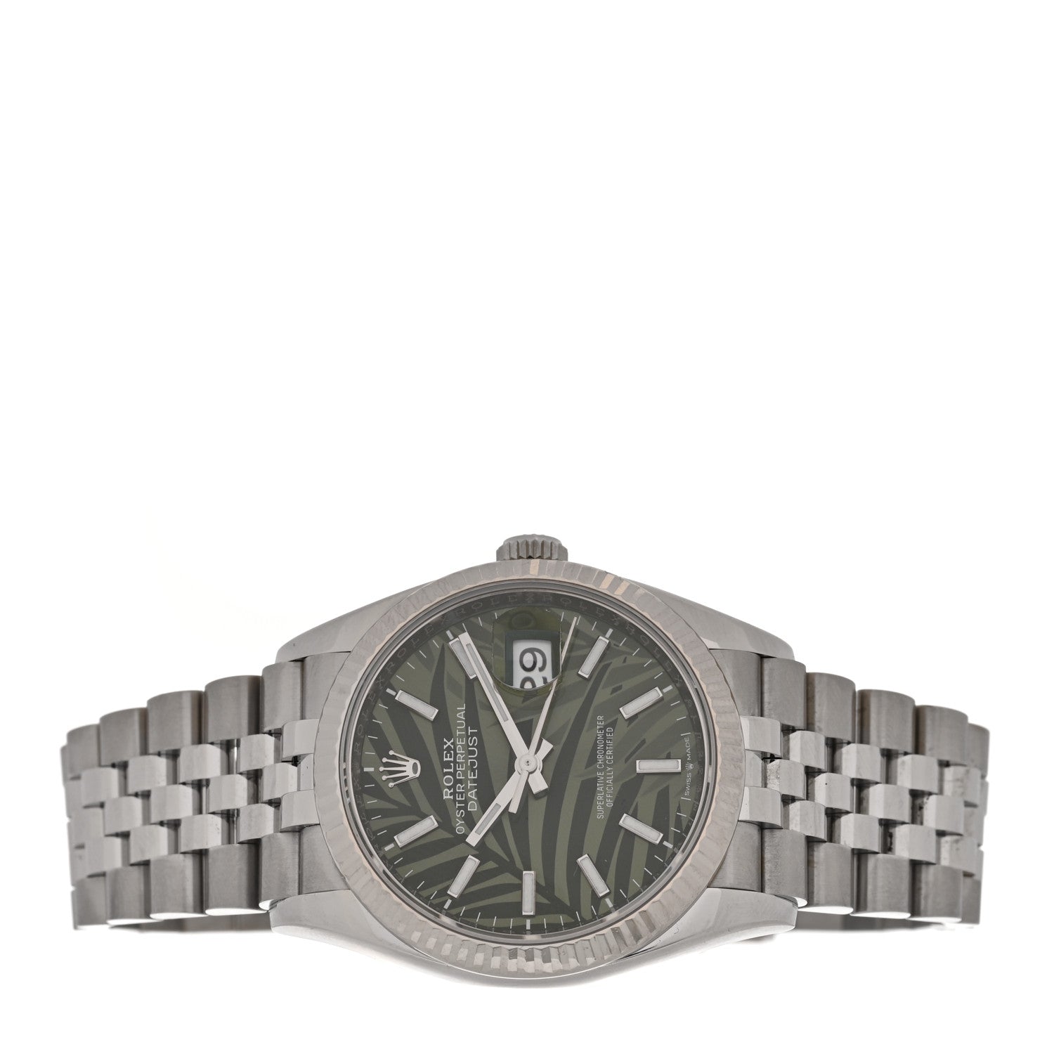 Rolex Stainless Steel 18K White Gold 36mm Oyster Perpetual Datejust Watch Olive Green Palm 126234 2 of 5