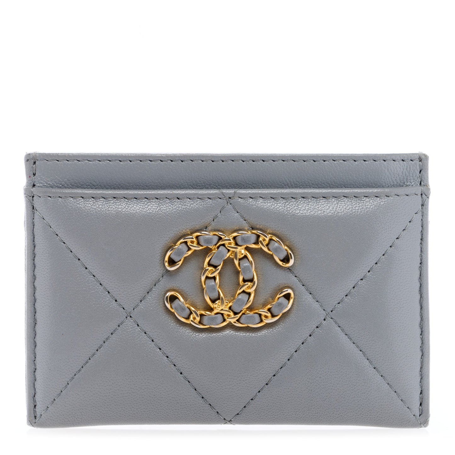 Lambskin Quilted Chanel 19 Card Holder Grey