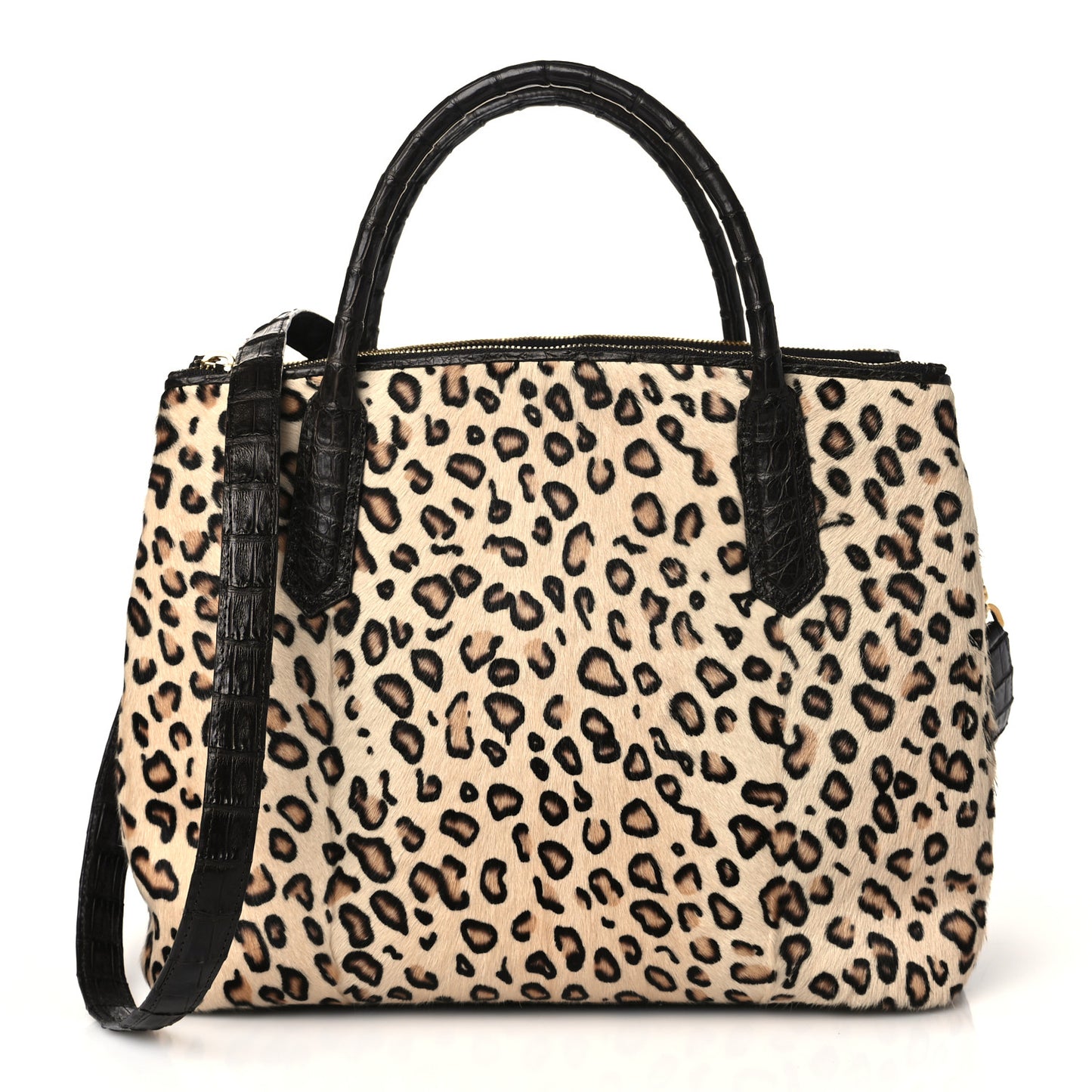 Crocodile Calf Hair Leopard Print Satchel Dark Brown