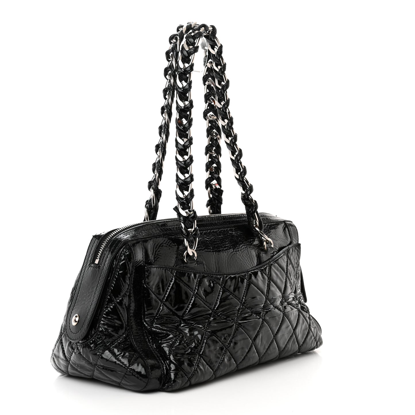 Patent Quilted Day Glo Flap Bag Black