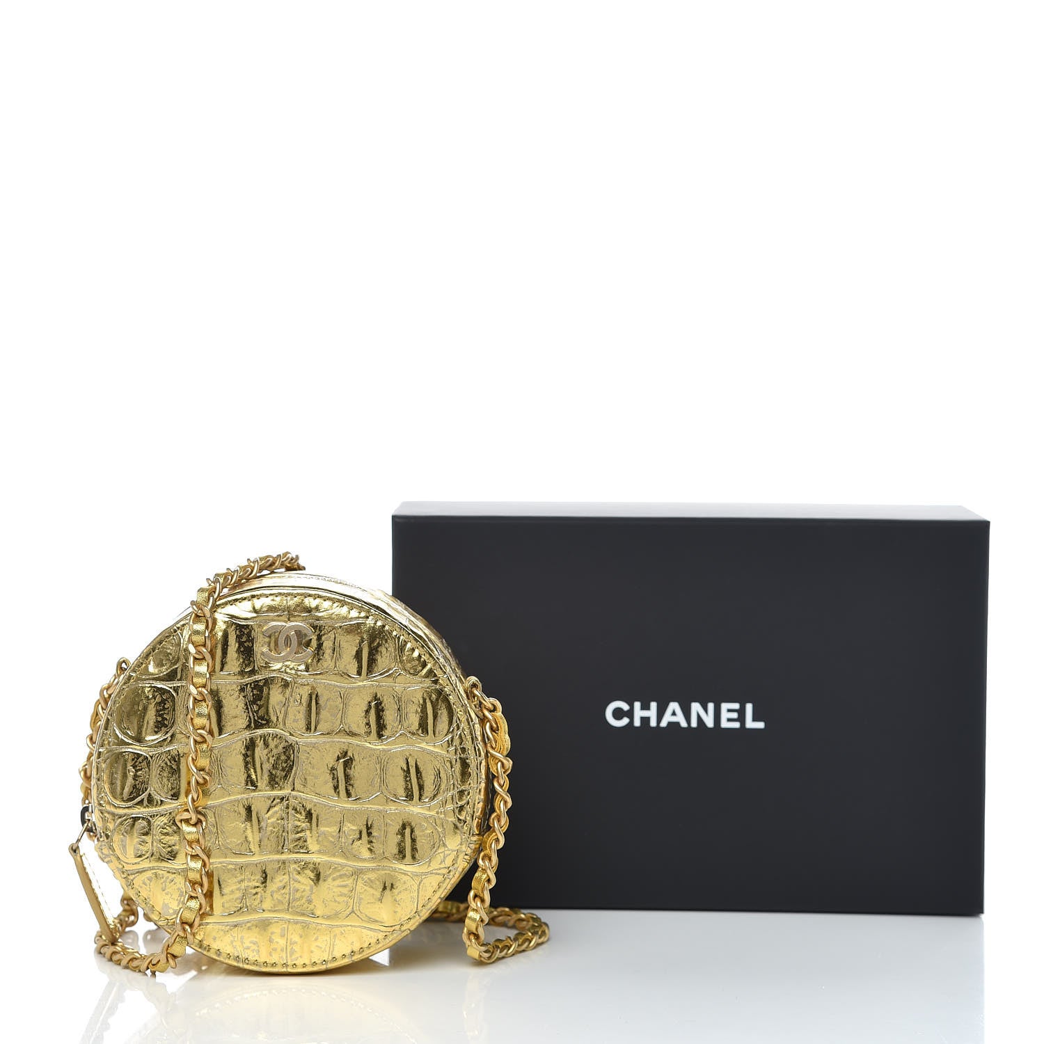Chanel Metallic Calfskin Crocodile Embossed Cocodile Round Clutch with Chain Gold 10 of 10