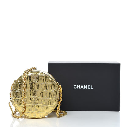 Chanel Metallic Calfskin Crocodile Embossed Cocodile Round Clutch with Chain Gold 10 of 10