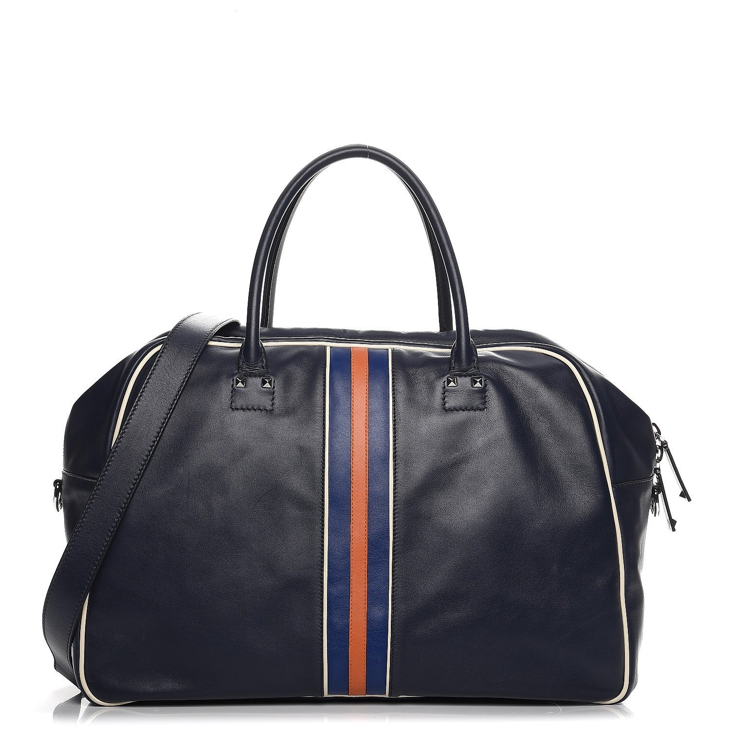 Valentino Garavani Mens Calfskin Rockstud Striped Holdall Duffle Navy 1 of 13