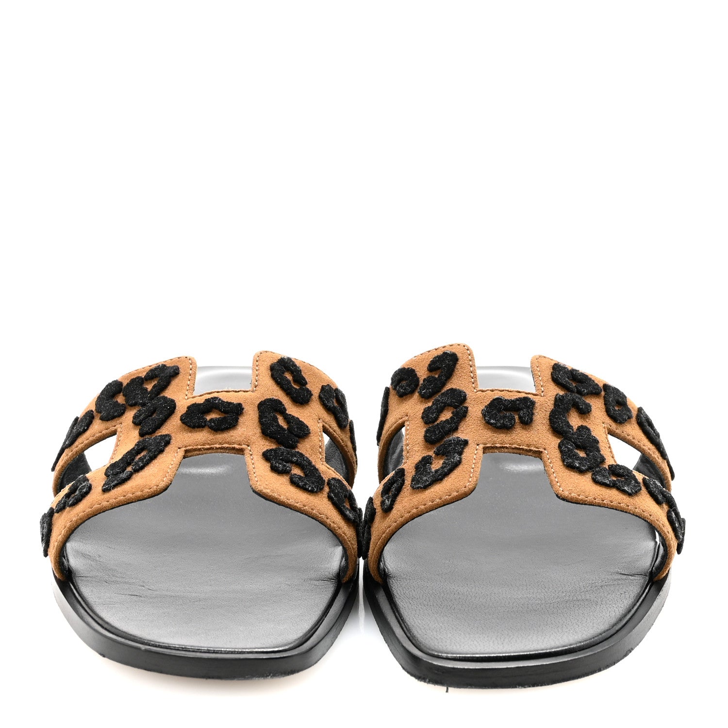 Hermes Suede Goatskin Tufted Leopard Womens Oran Sandals 40 Brun Fume Black 3 of 8