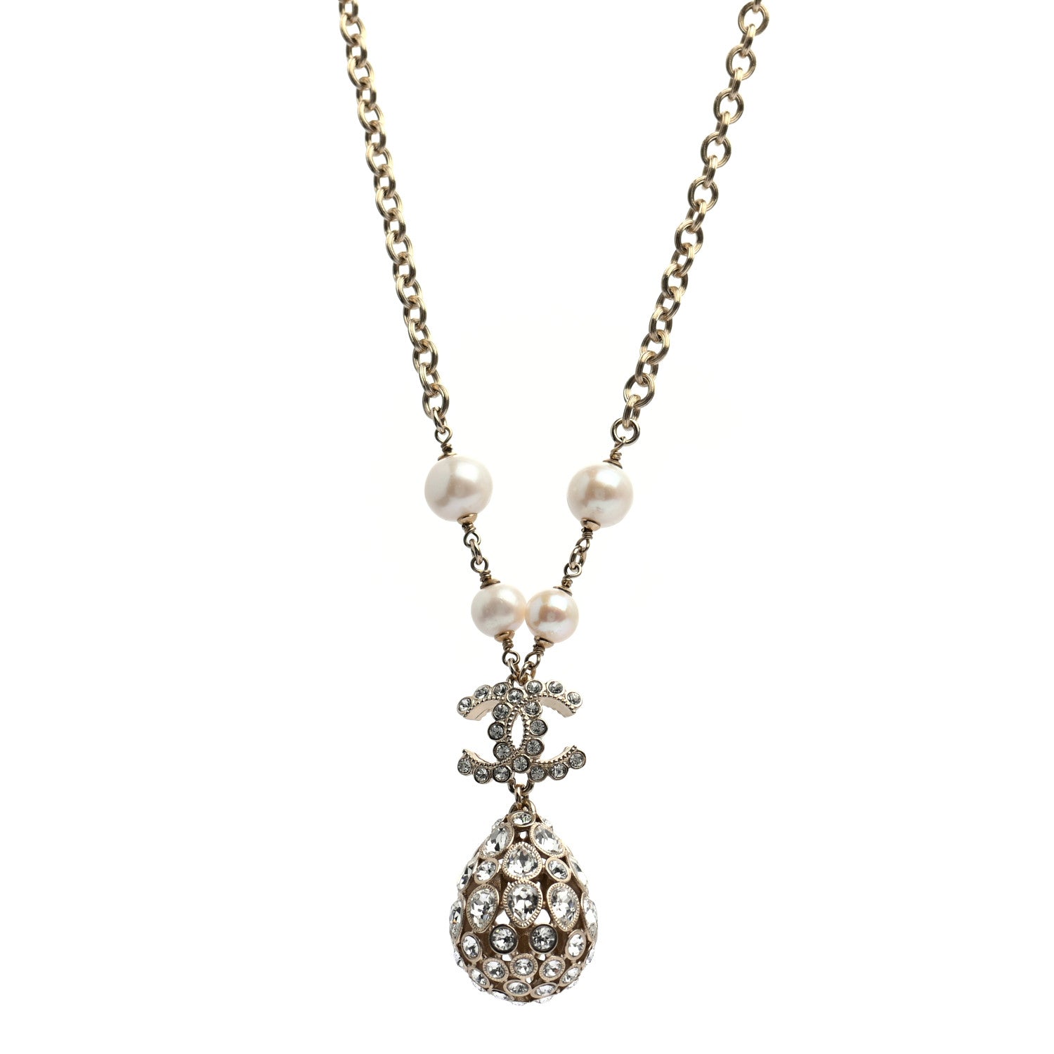 Chanel Crystal Pearl CC Teardrop Pendant Necklace Gold 1 of 5