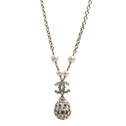 Chanel Crystal Pearl CC Teardrop Pendant Necklace Gold 1 of 5
