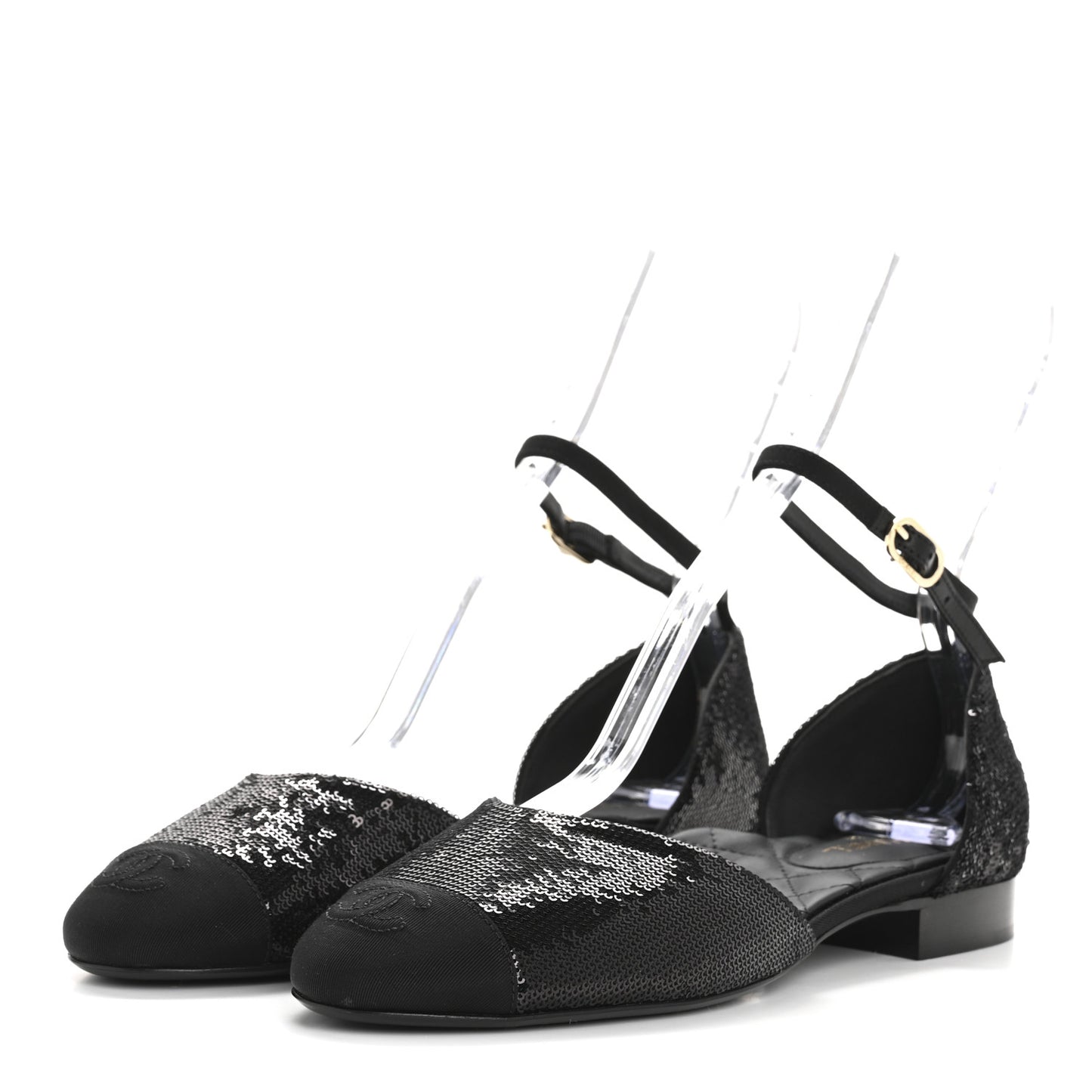 Sequin Grosgrain CC Cap Toe Ankle Flat 37.5 Black