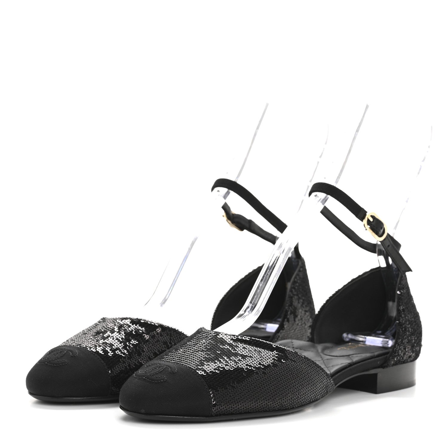 Chanel Sequin Grosgrain CC Cap Toe Ankle Flat 37.5 Black 4 of 9